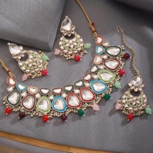 Gold Plated Multicoloured Stone Studded Jewellery Set With Maangtikka