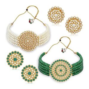 White And Green Big Round Pendant Choker Combo