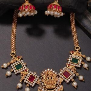 Gold Plated Stone Studded And Beaded Temple Necklace And Earrings