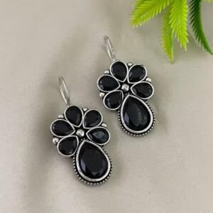 Black Stone Floral Oxidised Earrings For Women