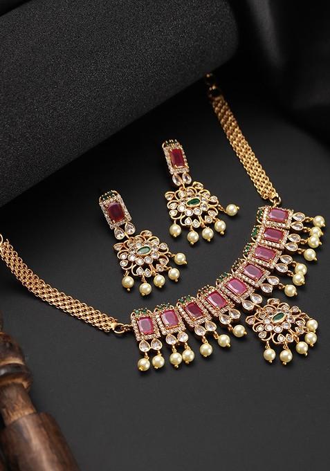Gold Plated And Ad Studded Temple Choker Jewellery Set