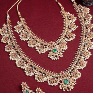 Set Of 2 Gold Plated Stones Studded And Beaded Necklace And Earrings