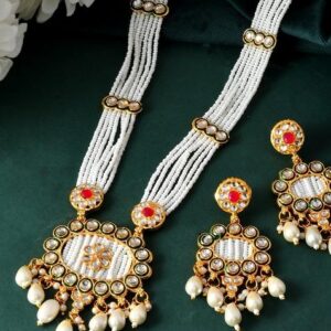 Gold Toned Artificial Beads Studded Long Necklace And Earrings Set