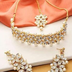 Golden Leaf White Beads Necklace Set For Women