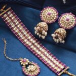 Gold Plated Kundan Studded And Pearl Beaded Choker Jewellery Set With Maangtikka