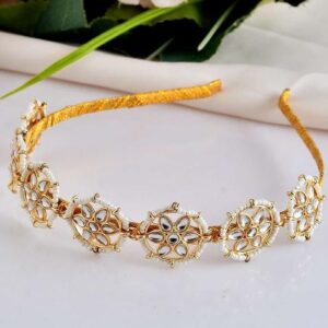 Gold And Plated Kundan And Style Floral Hairband With Pearl Bead Accents