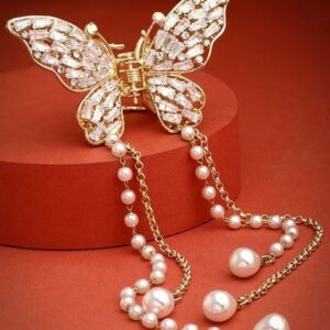 Pearls And Stone Studded Butterfly Shaped Embellished Claw Clip