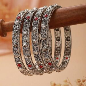 Set Of 4 Silver Plated Stone Studded Oxidized Bangles