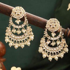 Gold Plated Kundan Studded And Beaded Contemporary Shaped Chandbalis
