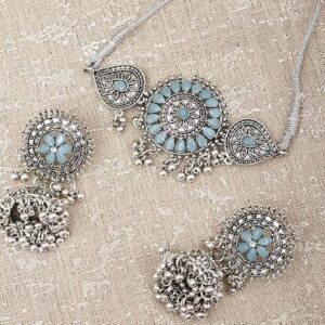 Silver Stone Studded Oxidised Necklace Set
