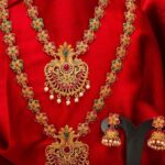 Gold Plated Pink Green Stone Studded Pearl Beaded Matinee Temple Jewelry Set