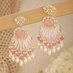 Pink Gold Plated Pink And Peach Stone Studded And Multistrand Pearl Beaded Drop Earrings