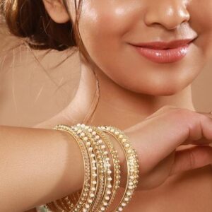 Set Of 12 Gold Plated Stone Studded And Beaded Bangles
