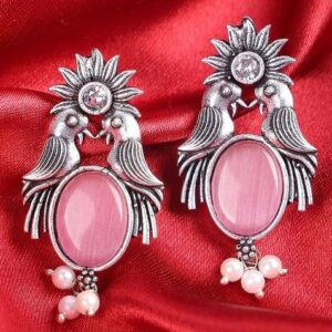 Pink Stone Oxidised Bird Earrings For Women