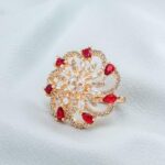 Rose Gold Plated White And Red Stones Studded And Beaded Finger Ring