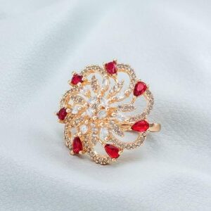 Rose Gold Plated White And Red Stones Studded And Beaded Finger Ring