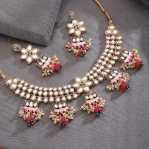 Gold Plated Kundan Studded Lotus Shaped Black And Pink Minakari Jewellery Set
