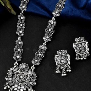 Floral Oxidised Silver Long Necklace Set With Earrings