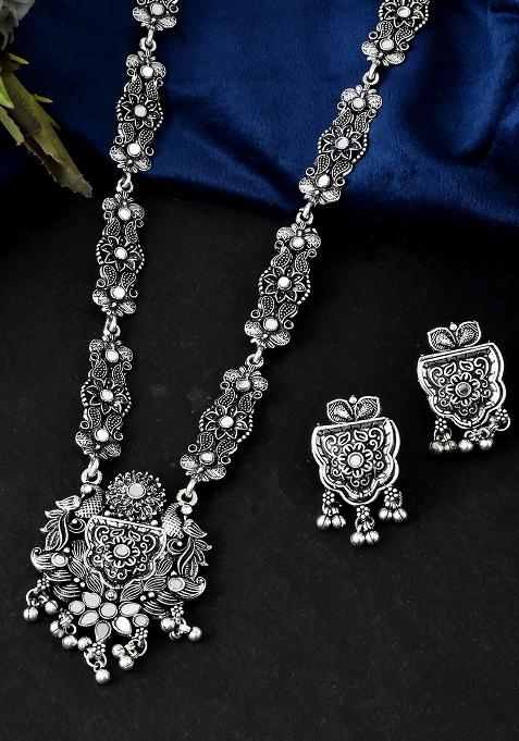 Floral Oxidised Silver Long Necklace Set With Earrings