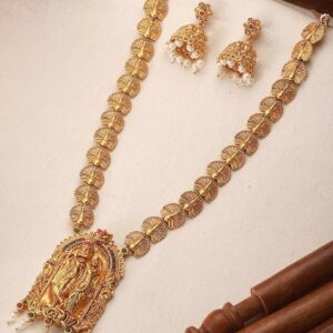 Plated Golden Beads And Pearl Drops Radha Krishna Temple Jewellery Set