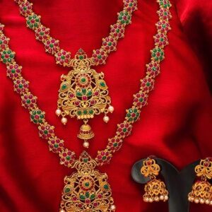 Gold Plated Pink And Green Stone Studded And White Beaded Temple Jewellery Set