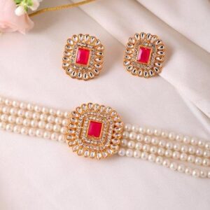 Gold Plated Pearl And Stone Choker With Earrings Set