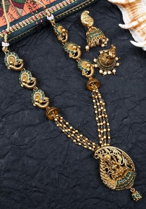 Gold Plated Stone Studded And Beaded Temple Jewellery Set
