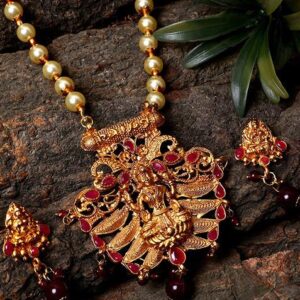 Maroon Matte Gold Finish Stone Studded Temple Necklace Set
