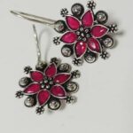 Pink Stone Floral Oxidised Earrings For Girls