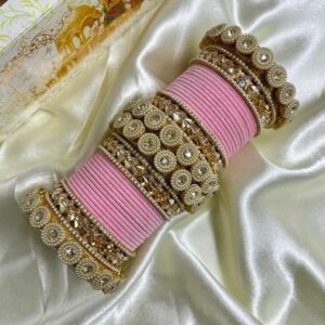 Pink Velvet Metal And Plastic Wedding Chuda Bangle Set
