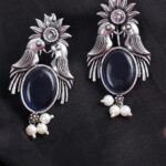 Black Stone Oxidised Bird Earrings For Women