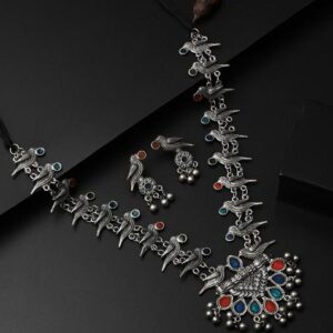 Silver Oxidised Finish Meenakari Jewellery Set