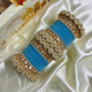 Sky Blue Velvet Metal And Plastic Wedding Chuda Bangle Set