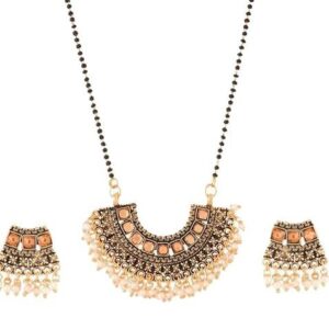 White Beaded Gold Plated Mangalsutra With Earrings