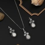 Silver Oxidised Finish Pearl Stone Pendant Set White
