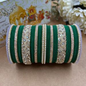 Green Velvet Metal And Plastic Wedding Chuda Bangle Set