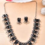 Oxidised Silver Plated Geometric Design Black Stones Necklace Set