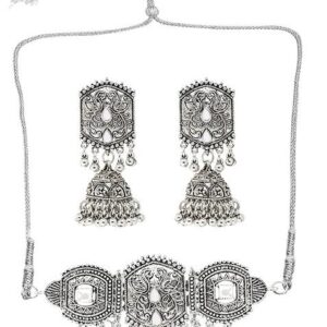 Silver Round Leaf Oxidised Necklace Set