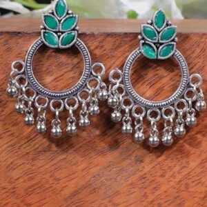Green Leaf Pattern Round Oxidised Earrings For Girls